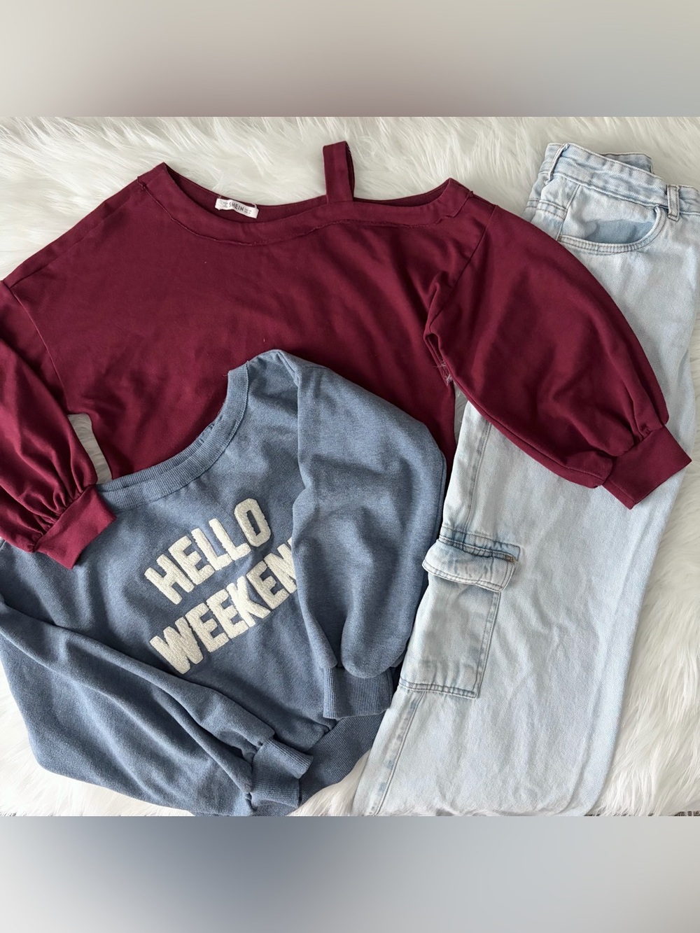 Bundle 3pcs Girls Off the Shoulder Sweatshirts + Wide Leg Cargo Jeans